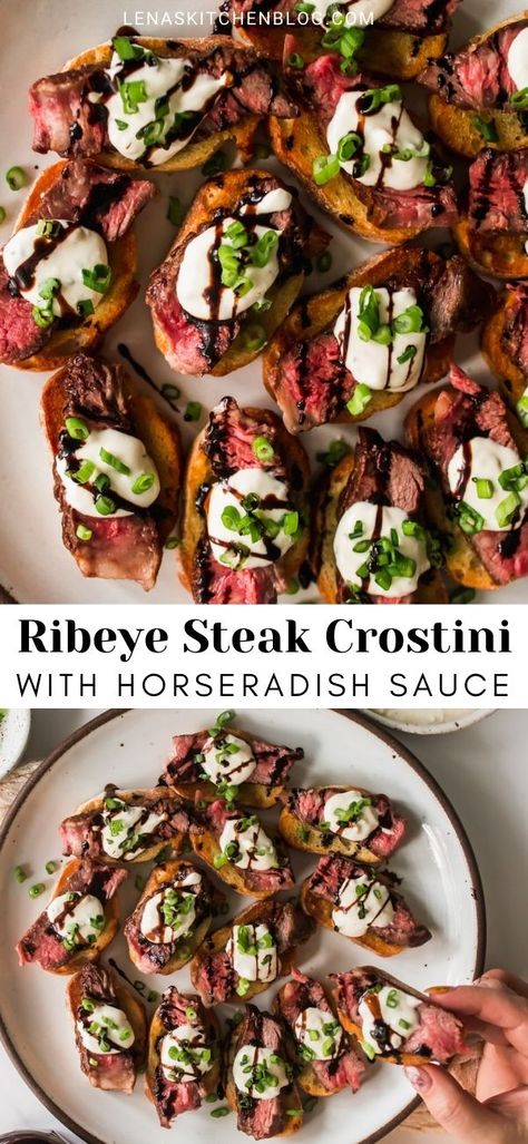 Steak With Horseradish Sauce, Steak Toast Appetizer, Fancy Orderves Appetizers, Horseradish Crusted Steak, Holiday Steak Bruschetta, Burrata Steak Crostini, Steak Sandwich Appetizers, Beef Appetizers For Party Fancy, Appetizers That Pair With Wine