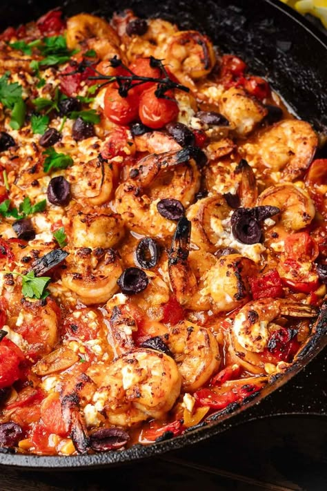 Shrimp Saganaki (Easy One-Pan Greek Shrimp) Shrimp Saganaki Greek, Chickpea And Shrimp Recipe, Greek Scallops, Mediterranean Shrimp Skillet, Shrimp Feta Tomato Bake, Mediterranean Prawn Recipes, Easy Healthy Dinner Shrimp, Shrimp Recipes Orzo, Shrimp Saganaki With Feta