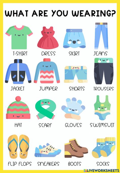 Clothes In English Vocabulary, Clothes Study For Preschoolers, Clothes Flashcards, Vocabulary Clothes, Preschool Charts, Reading Comprehension Lessons, Toddler Homeschool, Learning English For Kids, Kids English