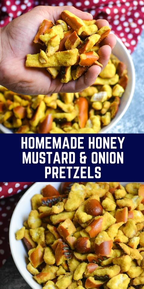 Crunchy pretzels are a satisfying snack all on their own, but give them a delicious flavor infusion and you’ve got these Honey Mustard & Onion Pretzel Bites on hand. They’re utterly addicting, and incredibly simple to throw together. You can enjoy these seasoned pretzels whenever a craving strikes! #snacks #snackrecipe #recipe Honey Butter Pretzels, Homemade Snacks That Last, Pretzel Chips Snacks, Mustard Onion Pretzels, Honey Mustard Seasoning, Honey Mustard Snack Mix Recipe, Honey Mustard Chex Mix Recipes, Honey Mustard And Onion Pretzels, Dots Mustard Pretzels Recipe