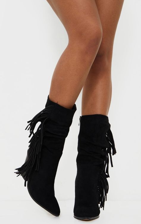 High Black Heels, Black Platforms, Black Fringe Boots, Fringe Heels, Chic Vibes, Platform Stilettos, Fringe Boots, Heel Ankle Boots, Black Fringe