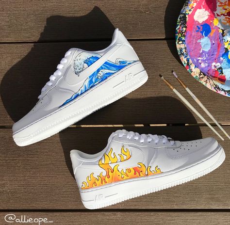 Hand painted air forces Shoes Hand Painted, Painted Airforces Diy, Diy Sneakers Paint, Airforce Painting Ideas, White Shoes Painting Ideas, Painting White Shoes, Painting On Sneakers, Air Force Painting Ideas, Painted Air Forces