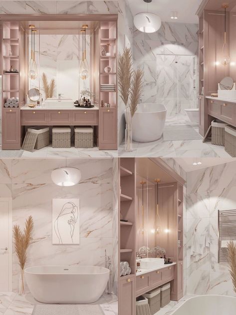 Bathroom Decor Inspiration Luxe, Feminine Marble Bathroom, Bathroom Ideas Feminine, Bathroom Decor Modern Elegant, Pink Tile Bathroom Ideas Color Schemes, Shell Bathroom Ideas, Woman Bathroom Ideas, Female Bathroom Ideas, Her Bathroom Ideas