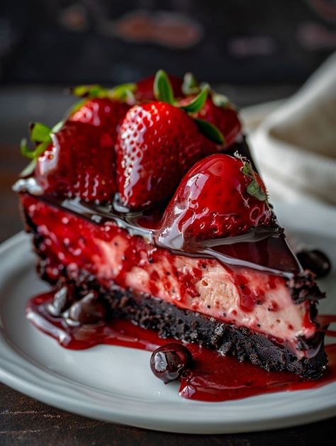 Strawberry Chocolate Cheesecake, Chocolate Strawberry Cheesecake, Strawberry Topping, Cheesecake Filling, Oreo Cookie, God Mat, Yummy Comfort Food, Cookie Crust, Chocolate Strawberry