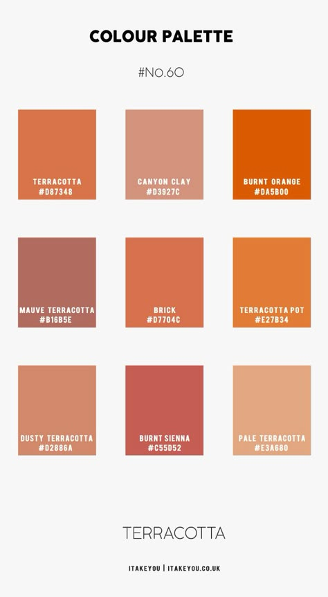 Green and Terracotta Colour Combination | Color Scheme | itakeyou.co.uk Terracotta Colour Palette Wedding, Terracotta Color Palette Hex Code, Terracotta Hex Code, Orange Terracotta Color Palettes, Itakeyou Wedding, Terracotta Pantone, Terracotta Color Palette Wedding, Amber Color Palette, Terracotta Colour Palette