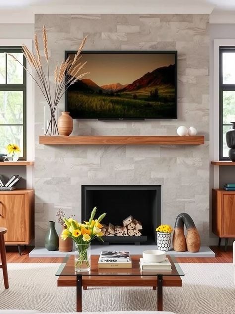 Add timeless charm to your space with these 20 creative mid-century fireplace designs. Mid Century Fireplace Wall, Retro Fireplace Mid Century, Mcm Fireplace Makeover, Mid Century Fireplace Mantle, Mid Century Modern Fireplace Mantle, Cement Looking Tile, Mid Century Modern Fireplace Ideas, Mid Century Modern Fireplace Makeover, Midcentury Fireplaces