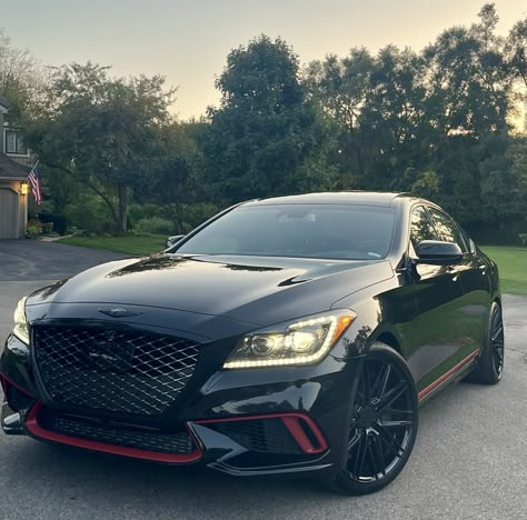 "Black Pearl"  - 20 inch wheels; AD SW900 Matte Metallic Garnett Red vinyl wrap on bottom trim; 3M Gloss Black vinyl on window & grill trim; black carbon emblems Genesis G70 Interior, Genesis Car Aesthetic, Genesis Car G80, Car For Prom, G70 Genesis, Genesis G80 Sport, Genesis Car, Genesis Gv70, Car Manufacturing