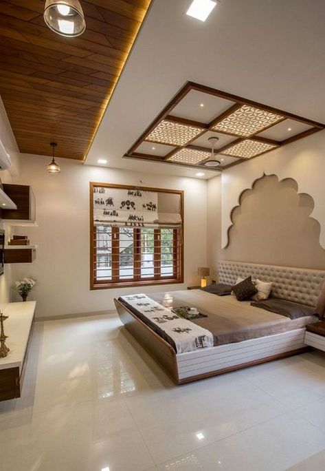 wooden false ceiling design for bedroom Traditional False Ceiling Design, Rooftop Room, Indian Bedroom Design, Latest False Ceiling Designs, Ceiling Pop, Arabian Wedding, Wooden Ceiling Design, Fall Ceiling, Indian Bedroom