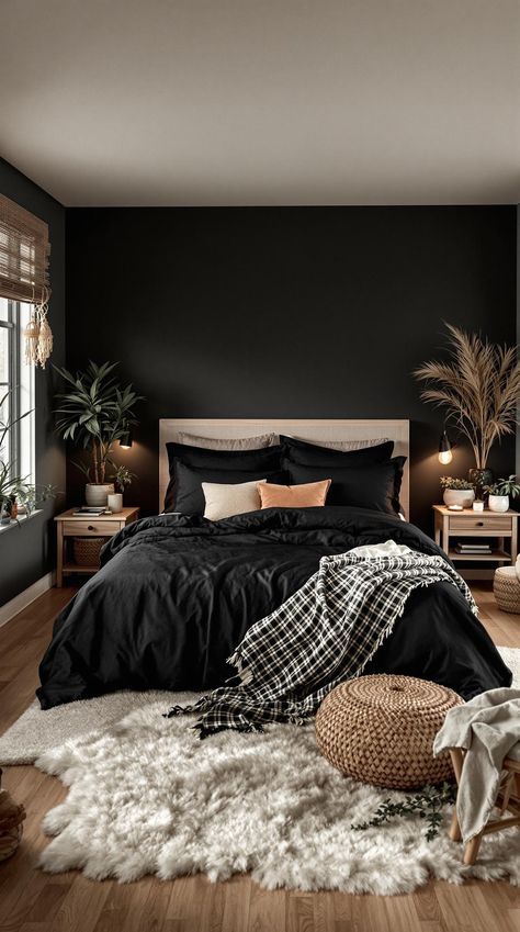 Black Boho Bedroom Ideas Black Boho Room Ideas, Black Small Room Ideas, Black Bedroom Small Room, Modern Airbnb Design, Black Bedding Bedroom Ideas, Black Comforter Bedroom Aesthetic, Black Tan Bedroom Ideas, Black Earthy Bedroom, Black And Earthy Bedroom