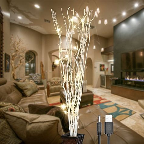 Lightshare 36Inch 16LED Natural Willow Twig Lighted Branch for Home Decoration, USB Plug-in and Battery Powered Twig Lights, Modern Appartement, White Branches, Lighted Branches, Farmhouse Side Table, Indoor String Lights, Branch Decor, Design Toscano, White Led Lights