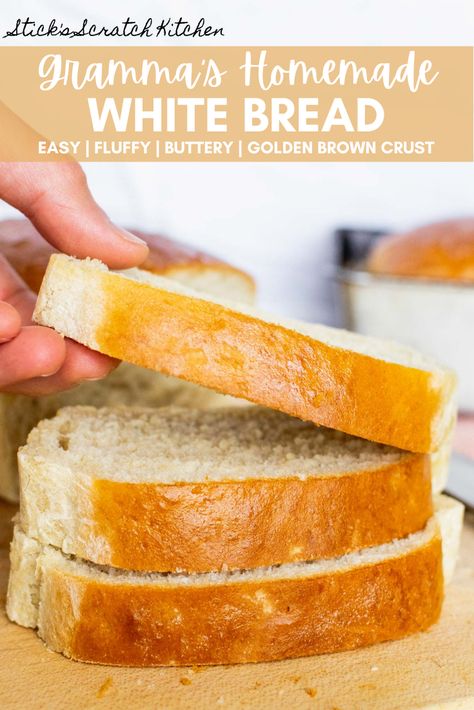 Gramma’s homemade white bread is hands down the BEST white bread recipe on planet earth (no bias here). It’s fluffy, moist, and golden brown with an irresistible buttery crust. This bread is the perfect accompaniment for homemade soup or stew, is great for making sandwiches, and makes the best crispy toast. #homemadebread #whitebread #bread  #breadrecipe #whitebreadrecipe #breads Loaf White Bread Recipes, Homemade Fluffy Sandwich Bread, Easy Bread With Bread Flour, White Bread Recipe Homemade Instant Yeast, Best Bread Recipe Easy, Best White Bread Recipe Homemade, Farmhouse White Bread Recipe, Homemade White Sandwich Bread, Moist White Bread Recipe