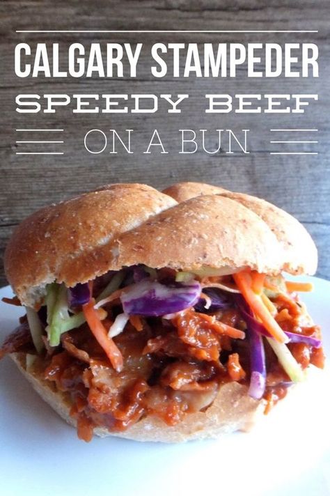 Canada's Calgary Stampede inspired easiest ever beef on a bun recipe. Delicious fast meal in a hurry. Beef On A Bun, Maple Baked Beans, Coleslaw Sandwich, Bbq Sauce Ingredients, Sliced Roast Beef, On A Bun, Pork Sandwiches, Calgary Stampede, Slider Buns