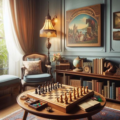 Classic Board Game Corner Chess Corner In Living Room, Library Game Room Ideas, Elegant Game Room Ideas, Formal Living Room Game Room, Dining Room Turned Game Room, Game Tables In Living Room, Vintage Games Room, Living Room With Game Table, Old Money Game Room