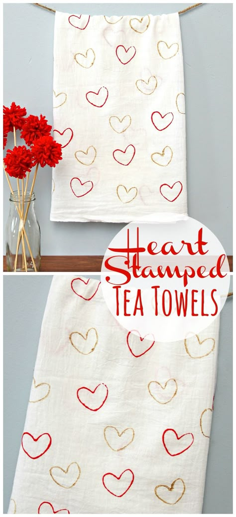 Heart Stamped Tea Towels Stamped Tea Towels, Tea Towels Crafts, Find Your Fire, Mops Crafts, Tea Towels Diy, Potato Print, Valentine Tea, Diy Towels, Towel Ideas