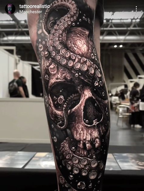 Black And Grey Octopus Tattoo, Kraken Leg Tattoo, Pirate Ship Tattoo Women, Kracken Tattoos, Dark Leg Tattoos, Skull Octopus Tattoo, Kraken Concept Art, Octopus Leg Tattoo, Octopus Skull Tattoo