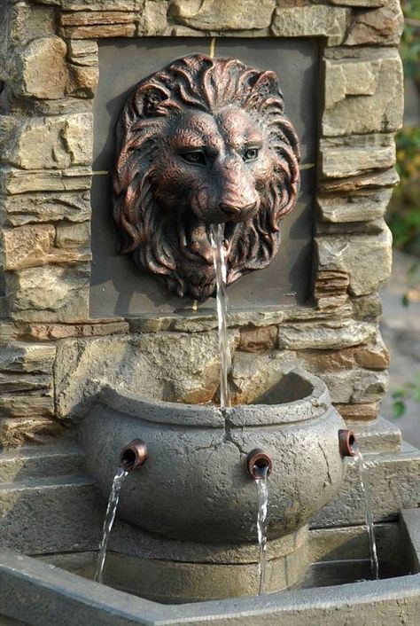 Love lion head fountains!  This one's face is so pretty.  BuildDirect – Water Features - Faux Stone Fountains – Lion Head Outdoor/Indoor Water Fountain - Outdoor View: Backyard Water Fountains, Taman Air, Indoor Water Features, Fountain Ideas, Tabletop Water Fountain, Garden Water Fountains, Indoor Water Fountains, Garden Waterfall, Backyard Water Feature