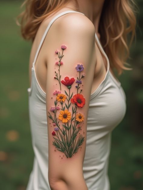 15 Flower Tattoo Ideas for Floral Lovers - Inkspire Garden Tattoos For Women, Rose Garden Tattoo, Meadow Tattoo, Flower Bouquet Tattoo, Garden Tattoos, Flower Tattoo Ideas, Geometric Rose, Bird Tattoos, Fresh Tattoo