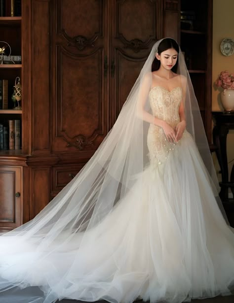 Asian Style Wedding Dress, Kdrama Wedding Dress, Korean Wedding Dress Elegant, Korean Wedding Gown, Wedding Dress Korean, Wedding Dresses Korean, Modern Chinese Wedding Dress, Aesthetic Wedding Dress, Delicate Wedding Dress