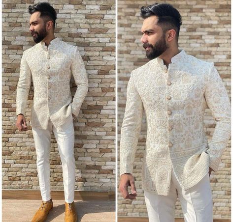 Indowestern Groom Outfit, Roka Ceremony Outfits Men, Engagement Dress For Men Classy, Groom Engagement Outfit, White Wedding Suits For Men, Indian Engagement Outfit, Wedding Matching Outfits, White Sherwani, Indian Wedding Suits Men