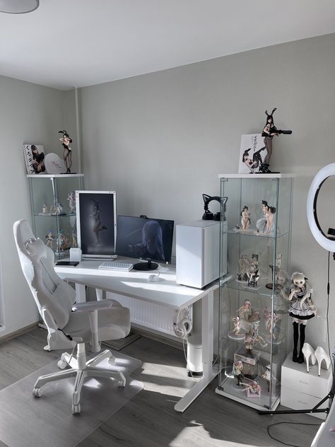 White Anime Room Aesthetic, Cybercore Desk Setup, Mecha Room Decor, Desk Add On, Cybercore Office, All White Pc Setup, Gamer Instagram Feed, Grey Gaming Setup, Lea Faye11 Room