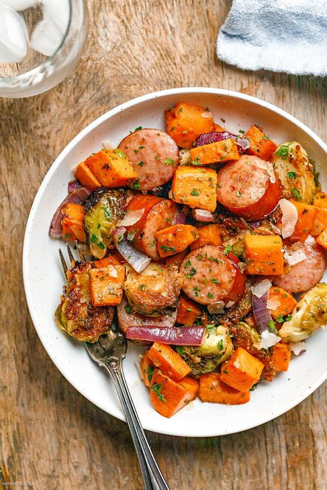 Sheet-Pan Maple-Dijon Sausage and Fall Veggies 1 - #recipe by #eatwell101 Fall Sausage And Veggie Sheet Pan, Veggie Packed Fall Dinners, Honey Dijon Sheet Pan Sausage, Sheet-pan Maple-dijon Sausage And Fall Veggies, Sheet Pan Maple Dijon Sausage, Maple Dijon Sausage And Veggies, Maple Dijon Sheet Pan, Sheet Pan Fall Dinner, Cheap And Healthy Dinner Ideas