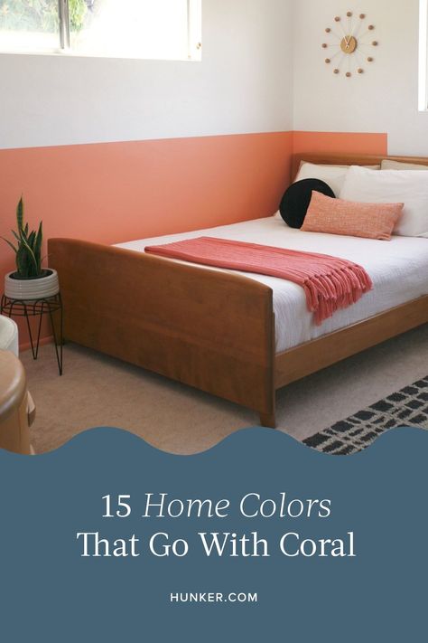 If you're on the hunt for colors that go with coral, you've come to the right place. We're delving into the perfect pairings for this warming hue — it's not an easy one to get right, so take note. #hunkerhome #homedecor #homeinspo #homecolorideas Coral Wall Bedroom Ideas, Colors That Go With Coral, Boho Bedroom Coral Walls, Coral Walls Bedroom, Coral Bedroom Ideas For Adults, Sherwin Williams Constant Coral, Coral Accent Walls, Sherwin Williams Faint Coral Walls, Coral Bedspread