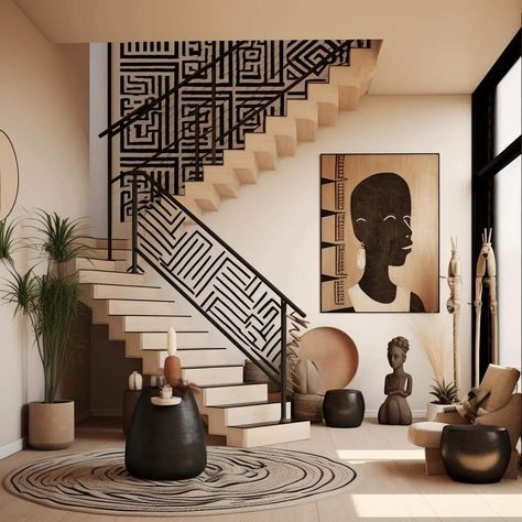 African Decor Living Room, Modern African Decor, درج السلم, Afrocentric Decor, African Interior Design, African House, African Inspired Decor, African Interior, Stair Case