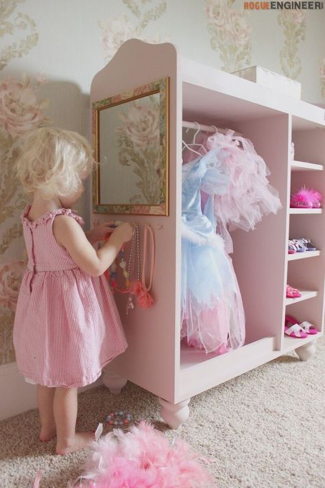 DIY Dress Up Center Plans- Free & Easy Plans | rogueengineer.com/ #DressUpCenter.  #DiyBaby&Child Dress Up Corner, Dress Up Stations, Fabulously Frugal, Dress Up Closet, Robe Diy, Dress Up Storage, Girls Playroom, Kids Dress Up, Princess Room