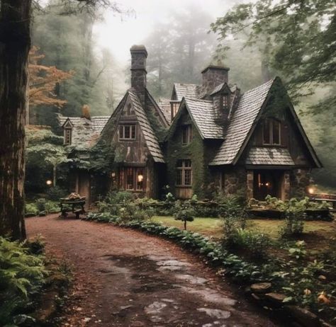 Cottage Ore House, Magical Forest Cottage, Woodland House Aesthetic, Witch’s Cottage, Cottages Aesthetic, Cottage Aesthetic House, Fairytale Cottage Exterior, Cottage In The Woods Fairytale, Cottage In The Woods Aesthetic