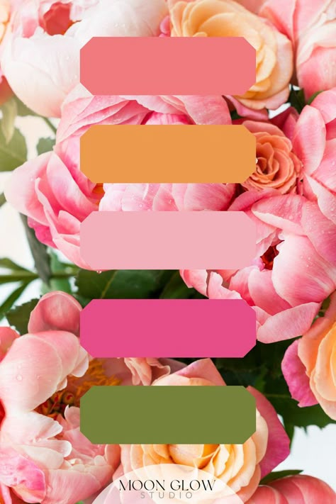 Pink Orange Pastel Bright Peonies Flowers Color Inspiration Palette Pink Orange Wedding Colors, Spring Pink Color Palette, Bright Wedding Colour Schemes, Sage Orange Fuchsia Wedding, Hot Pink And Orange Wedding Theme, Bridal Shower Colors Palette, Pink And Green Wedding Color Palette, Bright Pink And Green Color Palette, Pink Color Pallete Wedding