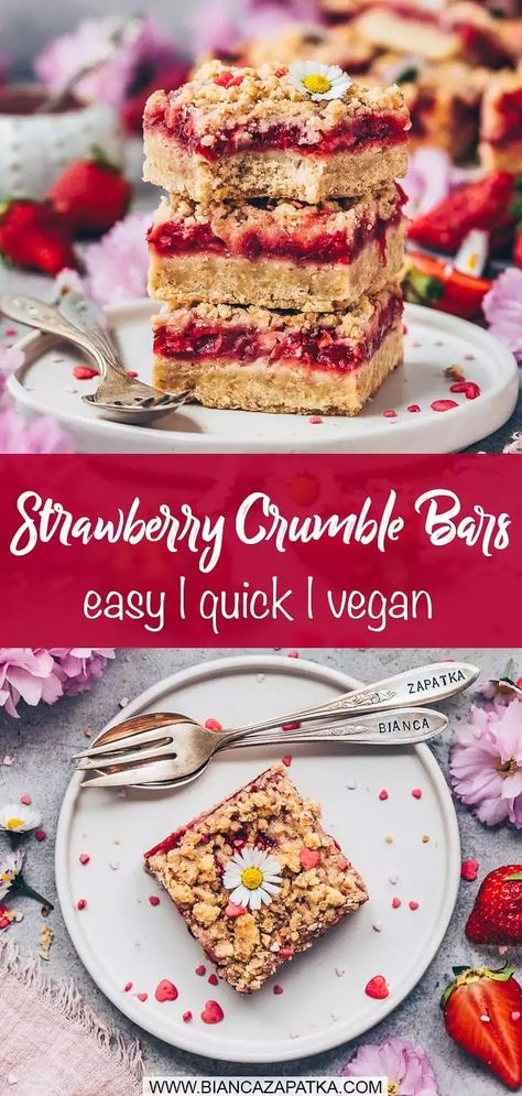 This vegan strawberry oatmeal crumble cake bars recipe is quick and easy to make and so delicious! Perfect as a dessert or breakfast snack! #strawberry #oats #oatmeal #crumble #bars #cake #easyrecipes #veganrecipes #dessert #recipes #food #vegan #baking | biancazapatka.com Vegan Crumble Bars, Strawberry Desserts Vegan, Strawberry Crumble Cake Recipe, Strawberry Dessert Bars, Flower Pavilion, Oatmeal Crumble Bars, Strawberry Crumble Bars, Strawberry Oats, Frozen Strawberry Desserts