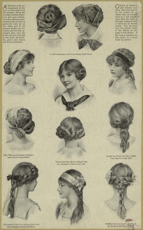 Hairstyles For Teenage Girls | 1912 | unstated American publication | Average healthy American girls go hatless in summer.  ~16-17: Hair generally worn up & if present modes followed & hair arranged deep over brow & ears and low in back, youthful charm not sacrificed. 14-15: Center part; on either side; combed back in a soft pompadour w/ ends of hair fastened w/ barrette as shown. Straight hair: Plaited, at bottom of page. Flat bow for day wear; satin band for parties. 1910 Hairstyles, Victorian Era Hairstyles, 1910 Hair, Edwardian Hairstyles, Teenage Hairstyles, Patron Vintage, Victorian Hairstyles, Hot Hair Styles, Old Fashion