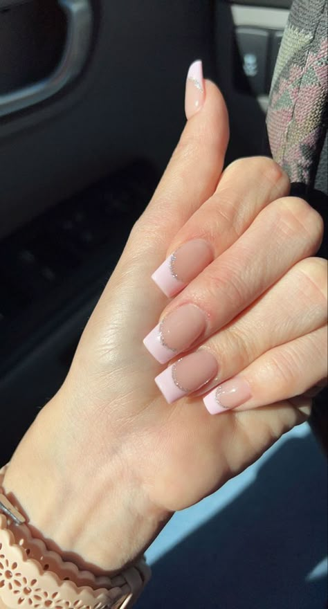 Pastel Pink French Tip Nails Coffin, Coffin French Tip Nails With Glitter, Pink And Gold Nails French Tip, Glitter French Acrylics, Blush Pink Tip Nails, French With Sparkle Line, Pink French Tip With Sparkles, Pink French Tip With Glitter Outline, Pink French Tip Diamonds