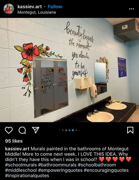 School Bathroom Decor, Inspirational Murals, Bathroom Flip, Club Bathroom, School Mural Ideas, Work Bathroom, Pool Events, Boys Bathroom Decor, Classroom Prep