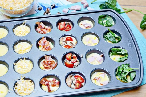 Make a variety of mini egg muffin breakfast bites for a great family breakfast and start to the day with protein and veggies. Mini Muffin Pan Egg Bites, Mini Egg Fritata Recipe, Making Egg Bites, Mini Omelet Muffins Breakfast Bites, Mini Muffin Tin Egg Bites, Mini Muffin Breakfast Recipes, Mini Egg Bites Muffin Tins, Egg Bites For A Crowd, Mini Omelettes Muffin Pans