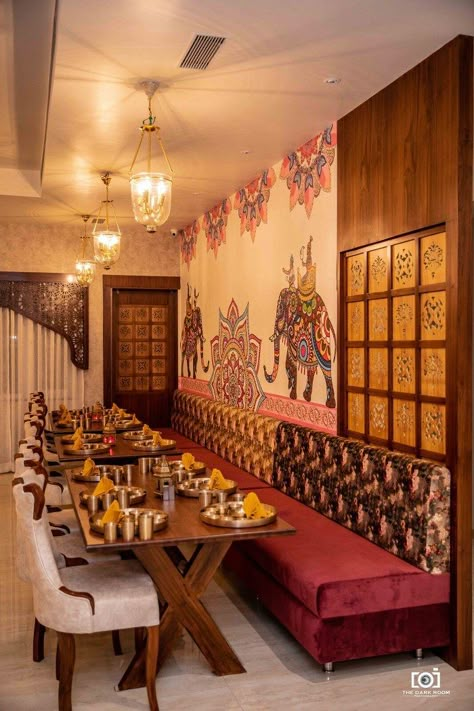 Rajasthani Restaurant Interior Design, Indian Traditional Restaurant Design, Resturant Ideas Design Interiors Indian, Traditional Style Restaurant Design, Biryani Restaurant Interior, Indian Style Cafe Interior, Traditional Thai Restaurant Design, Indian Style Restaurant Interior, Restaurant Interior Design Indian