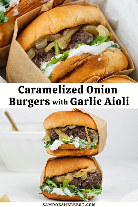 Dinner Date Recipes, Gourmet Burgers Recipes, Onion Burgers, Garlic Aioli Recipe, Easy Burger Recipe, Onion Burger, Delicious Paleo Recipes, Aioli Recipe, Dairy Free Dinner