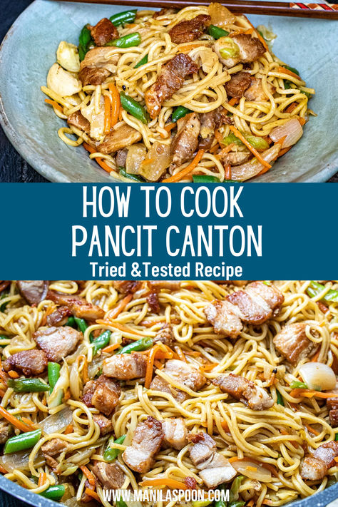 A delicious and easy way to make the Philippines’ favorite noodle dish – Pancit Canton. Whether for dinner, snack or as party food, you can be sure this delicious Pancit Canton would always be a huge hit! Pancit Noodles Filipino Recipes, Easy Pancit Recipe, Canton Noodles Recipes, Pancit Recipe Filipino Easy, Pancit Canton Recipe Filipino, Pansit Noodles, Authentic Pancit Recipe Filipino, Pancit Canton With Egg, Pancit Recipe Filipino