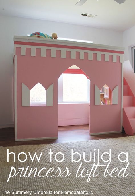 Learn how to build a princess castle loft bed with this AWESOME tutorial! Your little princess definitely deserves a gorgeous place of her own! Castle Loft Bed, Princess Loft Bed, Princess Bunk Beds, Diy Bed Frame Plans, Bedframe Diy, Princess Castle Bed, Bed For Girls Room, Girls Bunk Beds, Magical Bedroom