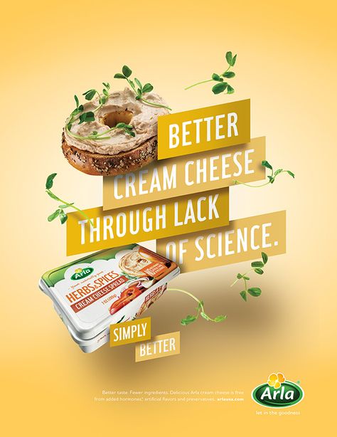 Print, poster and digital campaign introducing Arla cream and sliced cheese to the US market. Copywriting Ads, Creative Advertising Design, 광고 디자인, Publicidad Creativa, Food Advertising, Graphic Design Ads, Food Graphic Design, Food Poster Design, Food Ads