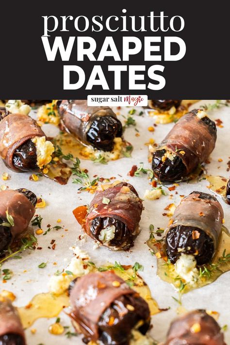 You can't go wrong with these prosciutto wrapped dates for a quick and easy appetizer. Stuffed with goats cheese and baked, your guests will love them. Manchego Stuffed Dates, Goat Cheese Dates Prosciutto, Figs Wrapped In Prosciutto, Procuitto Wrapped Dates, Fig And Prosciutto Appetizer, Fig Goat Cheese Prosciutto Appetizers, Goat Cheese Stuffed Dates Prosciutto, Date Hors D’oeuvres, Blue Cheese Stuffed Dates Wrapped In Prosciutto