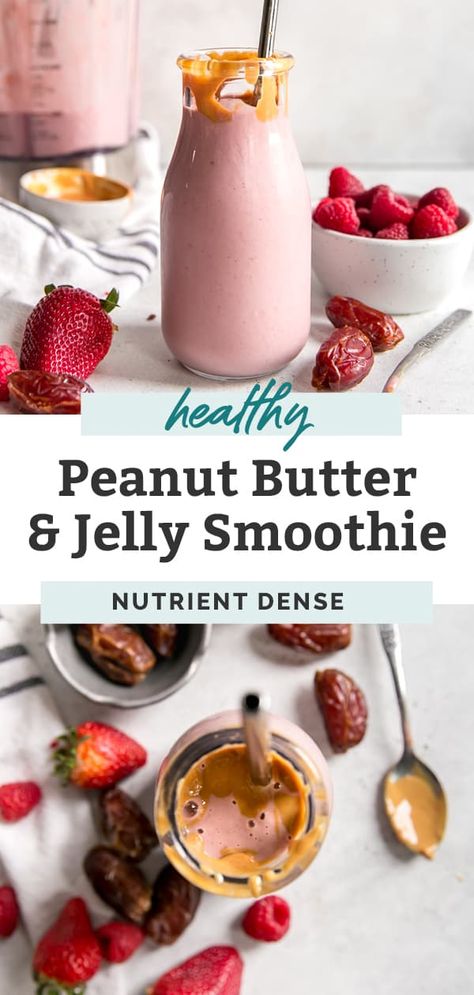 Pb&j Smoothie Recipe, Pb&j Smoothie, Smoothie Recipes With Dates, Smoothie With Dates, Peanut Butter And Jelly Smoothie, Pb And J Smoothie, Lush Desserts, Smoothie Without Banana, High Protein Yogurt