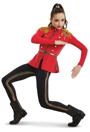 STUDIO EXCLUSIVETwo piece soldier costume includes two-color unitard and vestLong sleeve unitard has red shiny spandex sleeves and black shiny spandex bottomsBottoms feature a gold stripe on the inseams and sidesStretch vest has decorative gold buttonsFringed epaulettesZipper in frontImportedIncludes : Metallic ponytail cuff. Character Dance Costumes, Snow Queen Costume, Soldier Character, Nutcracker Costume, Step Team, Elf Costumes, Rose Dance, Dance Costumes Ballet, Backup Dancer