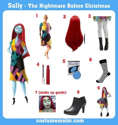 Sally Costumes For Women, Sally From Nightmare Before Christmas Costume, Easy Sally Costume, Nightmare Before Christmas Sally And Jack, Sally's Dress Pattern, Sally Make Up Nightmare Before Christmas, Sally Diy Costume Women, Diy Jack And Sally Costume, The Night Before Christmas Costumes