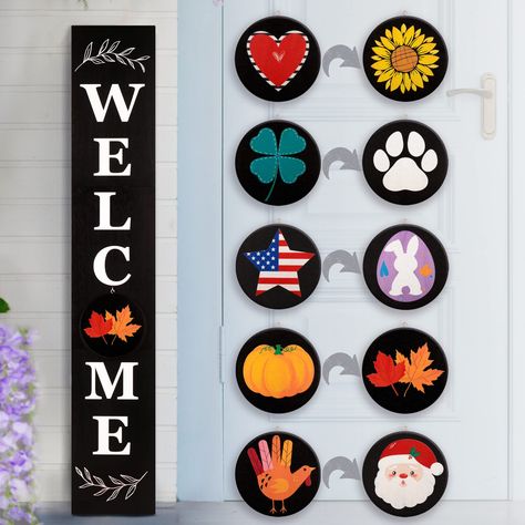 Outdoor Farmhouse Decor, Interchangeable Welcome Sign, Front Porch Patio, Sign For Front Door, Outdoor Farmhouse, Snowman Sign, Farmhouse Designs, Wood Signs For Home, Front Porch Signs