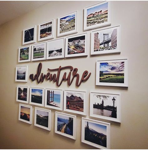 Wall Of Travel Pictures, Adventure Picture Wall, Display Vacation Photos Wall Art, Young Mans Bedroom Ideas, Family Photos Wall Decor, Travel Photo Wall, Adventure Wall Decor, Travel Photos Display, Hallway Pictures