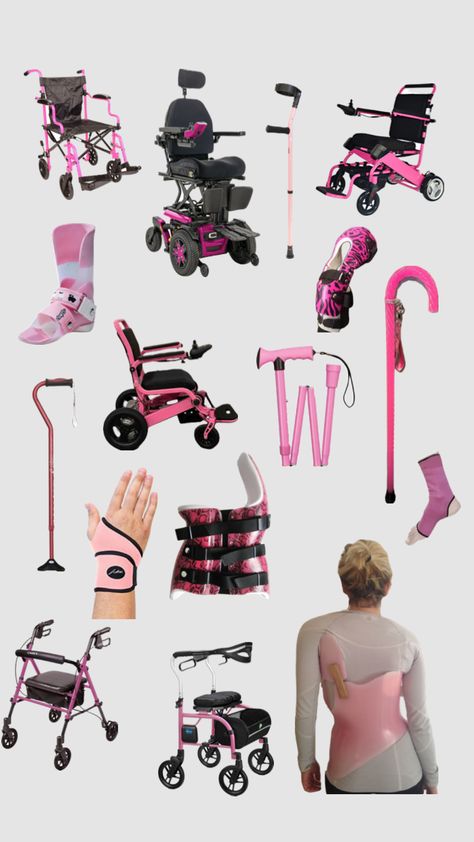 Pink mobility aids for chronically ill/disabled Barbie #wheelchair #mobilityaid #mobilityaids #crutches #cane #chronicallyill #chronicpain #chronicillness #scoliosis #backbrace #hypermobility Barbie Wheelchair, Disabled Fashion, Adaptive Tools, Service Dogs Gear, Assistive Devices, Spoonie Life, Wheelchair Accessories, Physical Disabilities, Ehlers Danlos Syndrome