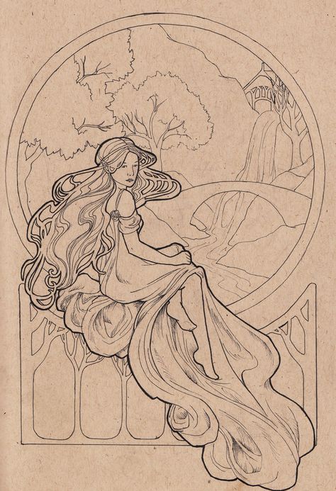 Arwen line art by Lamorien. http://lamorien.deviantart.com/art/Arwen-Line-art-162391026 Arwen Illustration, Art Neavou Tattoo, Male Art Nouveau, Mucha Art Nouveau Illustrations, Noveau Art Illustration, Art Nouveau Style Illustration, How To Draw Art Nouveau, Art Nouveau Line Art, Art Nouveau Lines