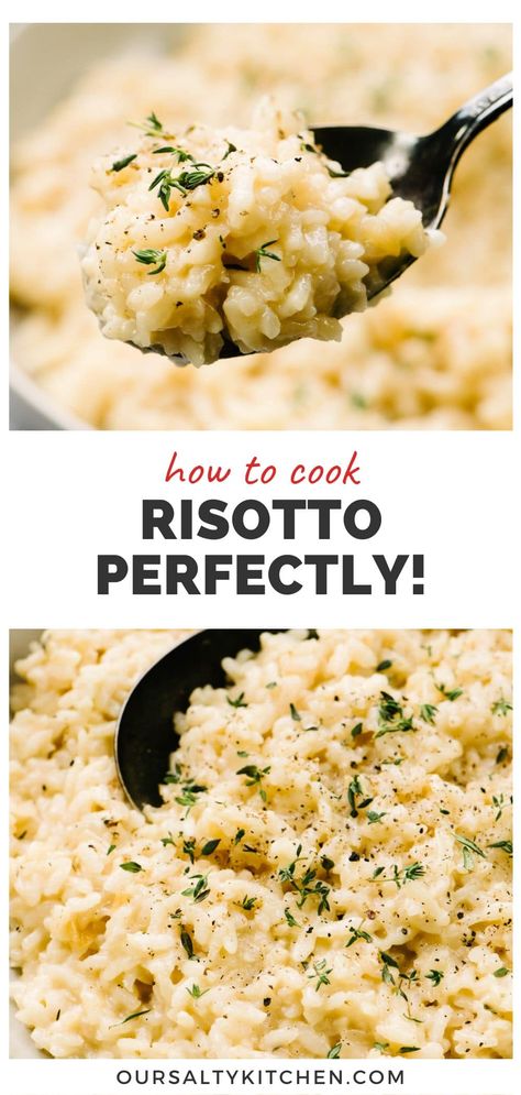 Let's learn how to cook risotto! Traditional risotto made on the stovetop is a labor of love, but with the right tips, it's so easy to cook and unbelievably creamy. Stovetop risotto really only requires patience and broth to activate the starchy goodness in arborio rice that creates this classic Italian comfort food. Follow our step by step tutorial and you'll have the confidence to make perfect restaurant quality risotto in no time! #risotto #italianfood #howtocook Risotto With Jasmine Rice, Italian Style Rice Recipes, Homemade Risotto Recipes, How To Cook Risotto, How To Cook Risotto Rice, Arborio Rice Recipes Easy, Greek Risotto, Italian Risotto Recipes, Cheese Risotto Recipes