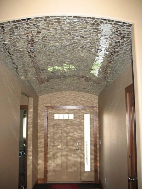 40 Amazing Ideas to Upcycle Broken Mirror Mirror Diy Ideas, Broken Mirror Projects, Fish Fountain, Mosaic Ceiling, Mirror Ceiling, Modern Entry, Ceiling Art, Broken Mirror, Ceiling Treatments